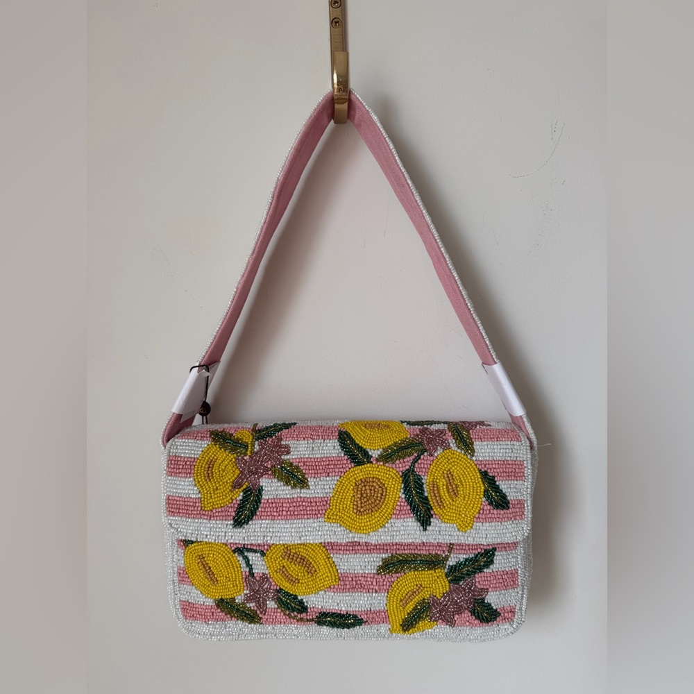 Viral Beaded Lemon pink white striped Shoulder Bag - Picture 1 of 4